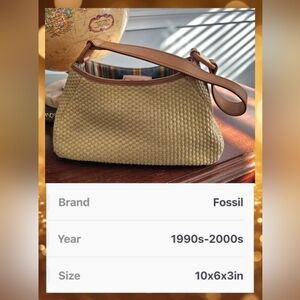 Fossil Beige Woven Shoulder Bag with Tan Leather Strap
